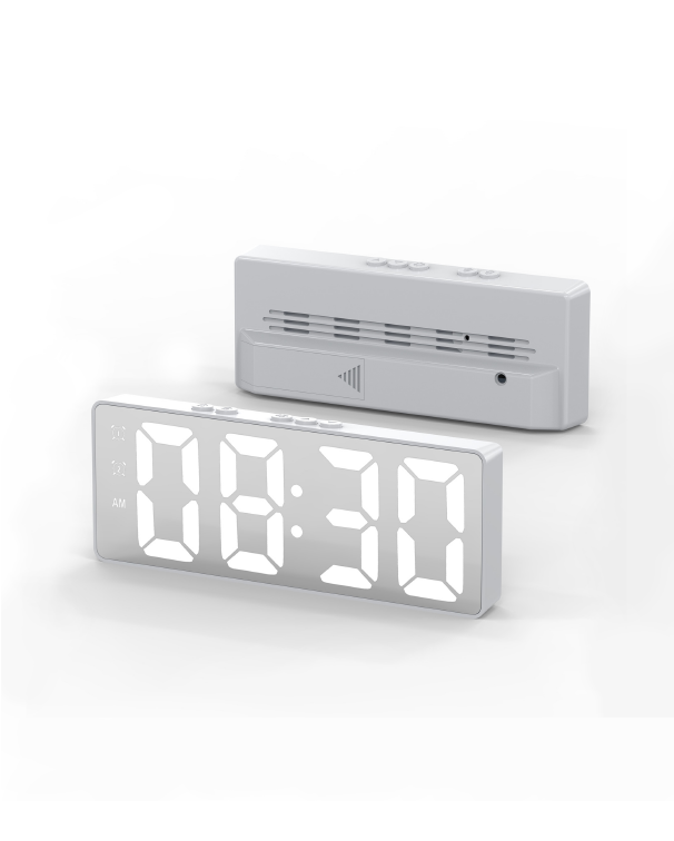voice-controlled mirror clock with large LED HD display screen shows the time, temperature, and date. In white.